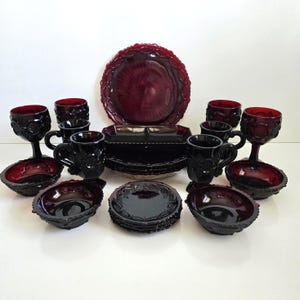 Avon Cape Cod Ruby Red glass dishes vintage 1876 Cape Cod glasses bowls and plates 21 Piece set for 4 guests