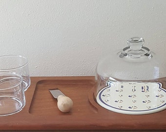 Cheese Dome Glass Cloche Enamel Base Extended Teak Tray with 2 Side Bowls and Cheese Knife