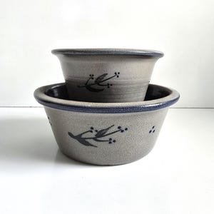2 vintage Rowe Pottery mixing bowls with blueberry basket design 7&quot; & 9&quot;