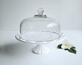 11"  Milk Glass Cake Stand & Dome Colony Glass Lace Pedestal
