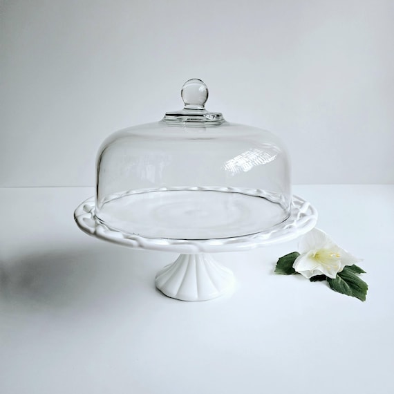 11" Vintage Milk Glass Cake Stand & Dome Colony Glass Lace Pedestal