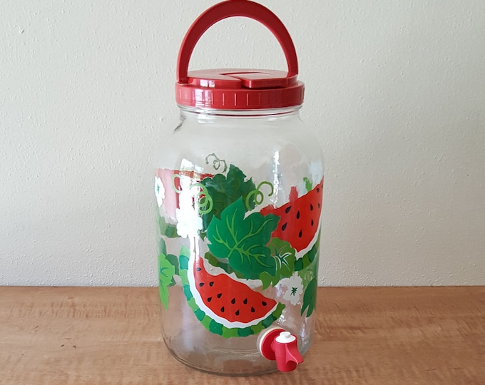 Vintage Sun Tea Jar, Ice Tea Jug, Glass Gallon Ice Tea Jar, Watermelon