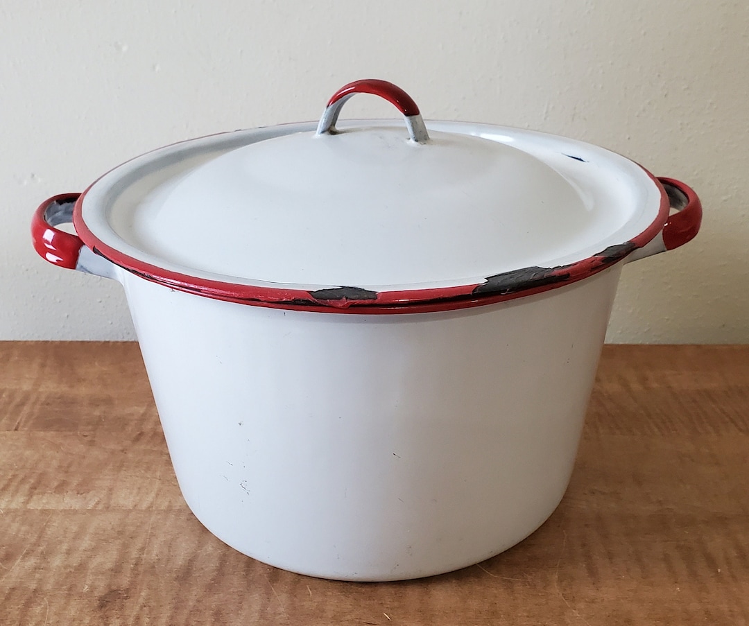 Vintage Enamel Pot Red Trim Enamelware Pot for Interior Etsy