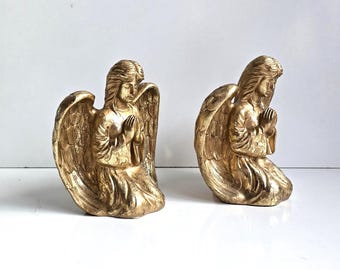 Pair Solid Brass Kneeling Angel Candlestick Holders: Korean Heavy, Detail- Original Label