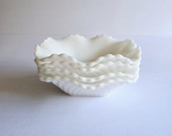 4 Vintage Hazel Atlas Milk Glass Bowls: Diamond Ruffled Edge