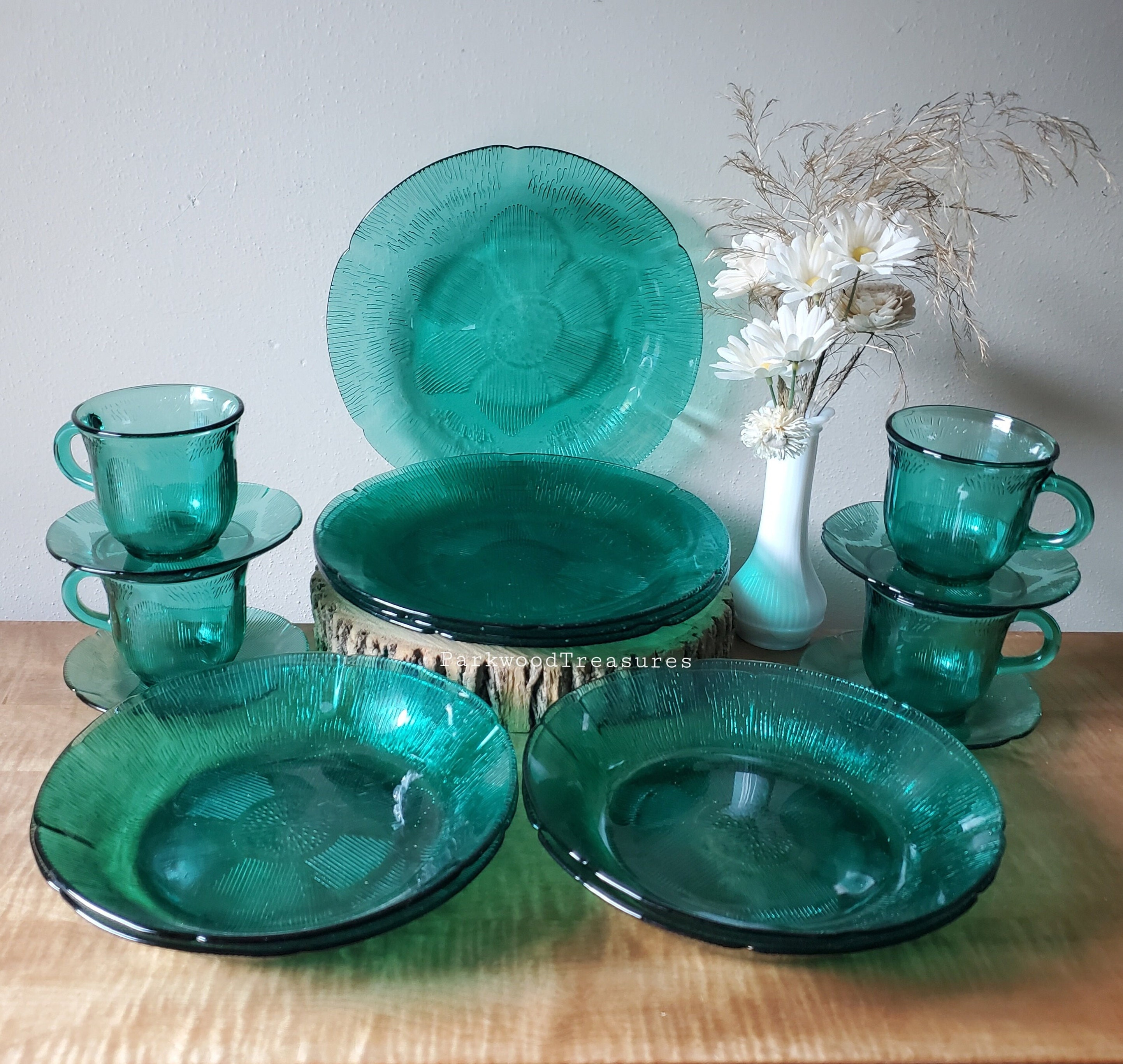 Vintage Fortecrisa Green Glass Dinnerware Set: Sunflower Peacock