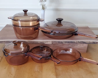 Vintage Corning Visions Glass Cookware Visionware Amber Brown 10 Pieces Visions Saucepans Skillets Pots Pans + Lids