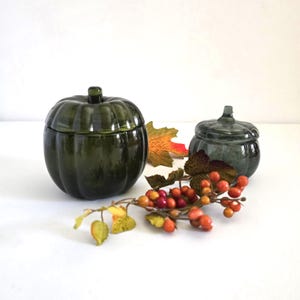 Vintage Green Glass Pumpkin Votive Holders Set of 2 Lidded Tealight Cups Fall Decor