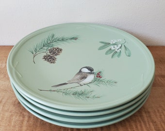 Vintage Pfaltzgraff Winterwood Green Chickadee Dinnerware Christmas Dishes 17 Piece set for 4