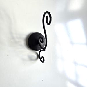 May include: A black metal wall hook featuring a circular mounting plate and a curved, S-shaped arm that terminates in two decorative spiral scrolls at the top and bottom. The hook has a smooth, dark finish and a simple, functional design.