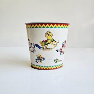 1960&#39;s metal wastebasket vintage toys theme trash can for retro nursery kid&#39;s room