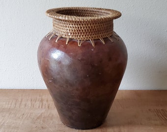 Vintage 9" Wicker Clay Vase With Marble Glaze