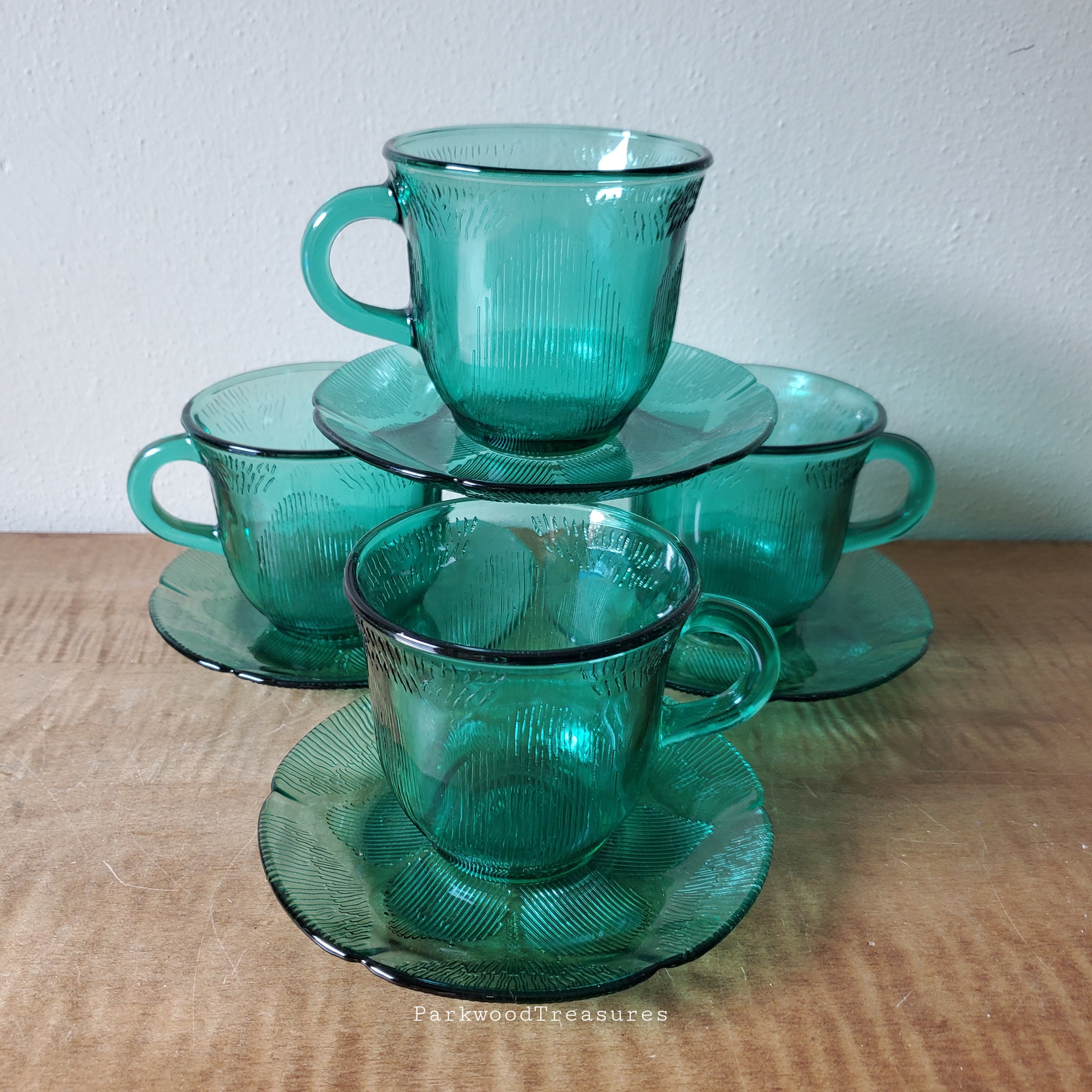 Vintage Fortecrisa Green Glass Dinnerware Set: Sunflower Peacock