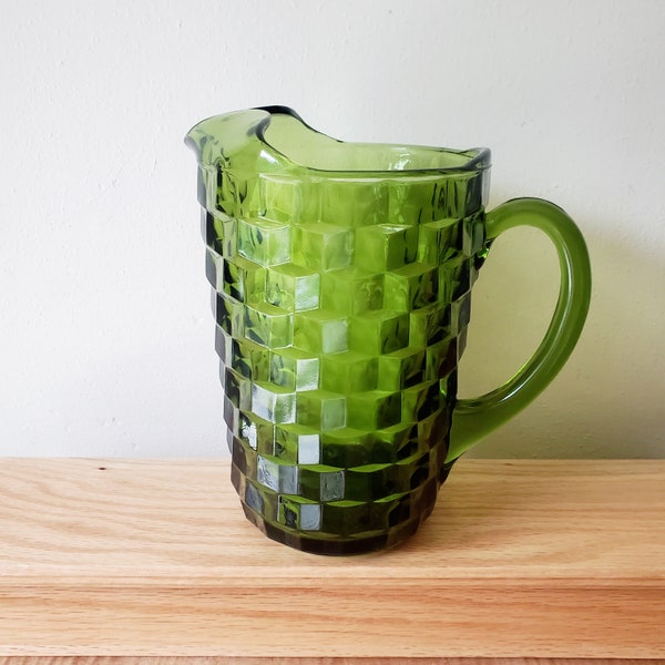 Vintage Whitehall Green Glass Pitcher, Cubist Green Carafe Colony Glass Co