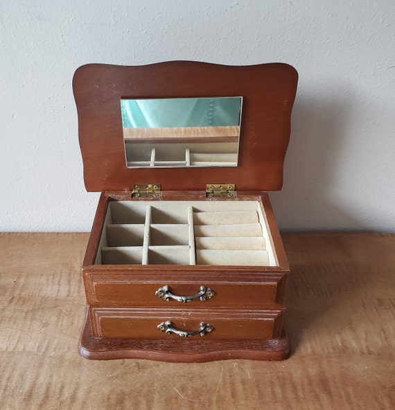 Vintage Wooden Jewelry Box, Ivory Velvet Wooden Je