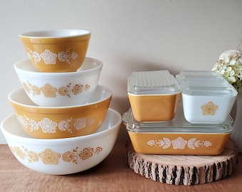 Vintage Pyrex Mixing Bowls Pyrex Butterfly Gold Mixing Bowl Set of 4 and Butterfly Gold Complete Refrigerator Dish Set