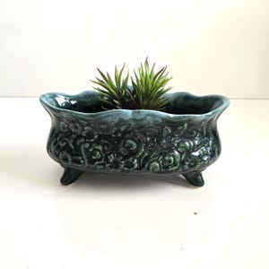 Hull Pottery planter vintage green footed window sill planter 9&quot; x 5&quot; x 4&quot; Hull B34 teal drip embossed flowers stoneware jardiniere