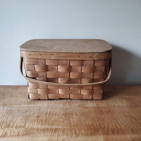 Vintage Picnic Basket, Woven Wood Picnic Basket, … - image 2