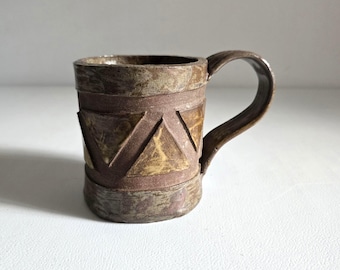 Vintage Brutalist Studio Pottery Mug, 15oz Incised Geometric Stoneware