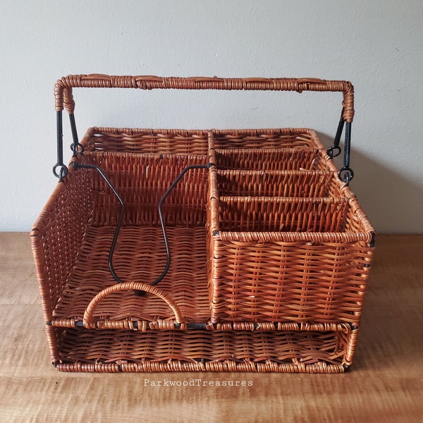 Vintage Woven Wicker Utensil Basket, Rattan Silverware Caddy, Wicker Picnic-ware Utensil Basket