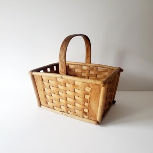 antique French woven wood market basket 12" x 16" staved wood handled basket
