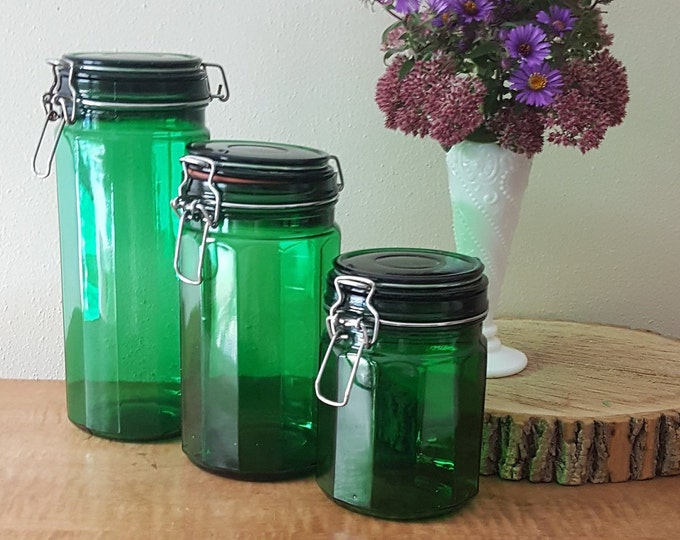 Emerald Green Glass Canisters Set of 3 Jars With Wire Bale Etsy