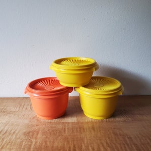 Vintage Tupperware Containers, Servalier Lids, Orange Yellow Food Storage, Plastic Containers