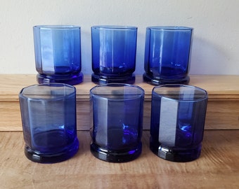 Vintage Essex Cobalt Blue Double Old Fashioned Glasses, Set of 6, Anchor Hocking Essex Blue Barware