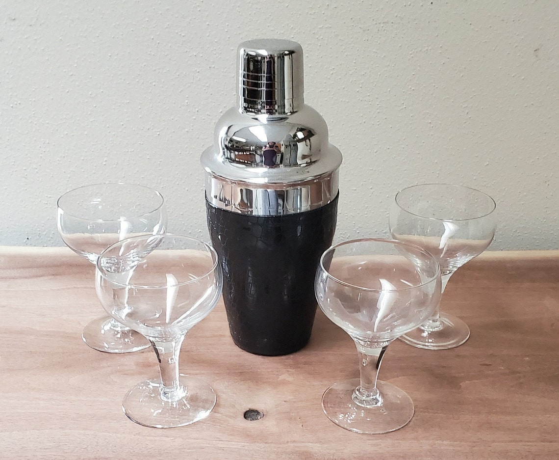 Vintage Martini Shaker Set 4 Martini Glasses & Stainless
