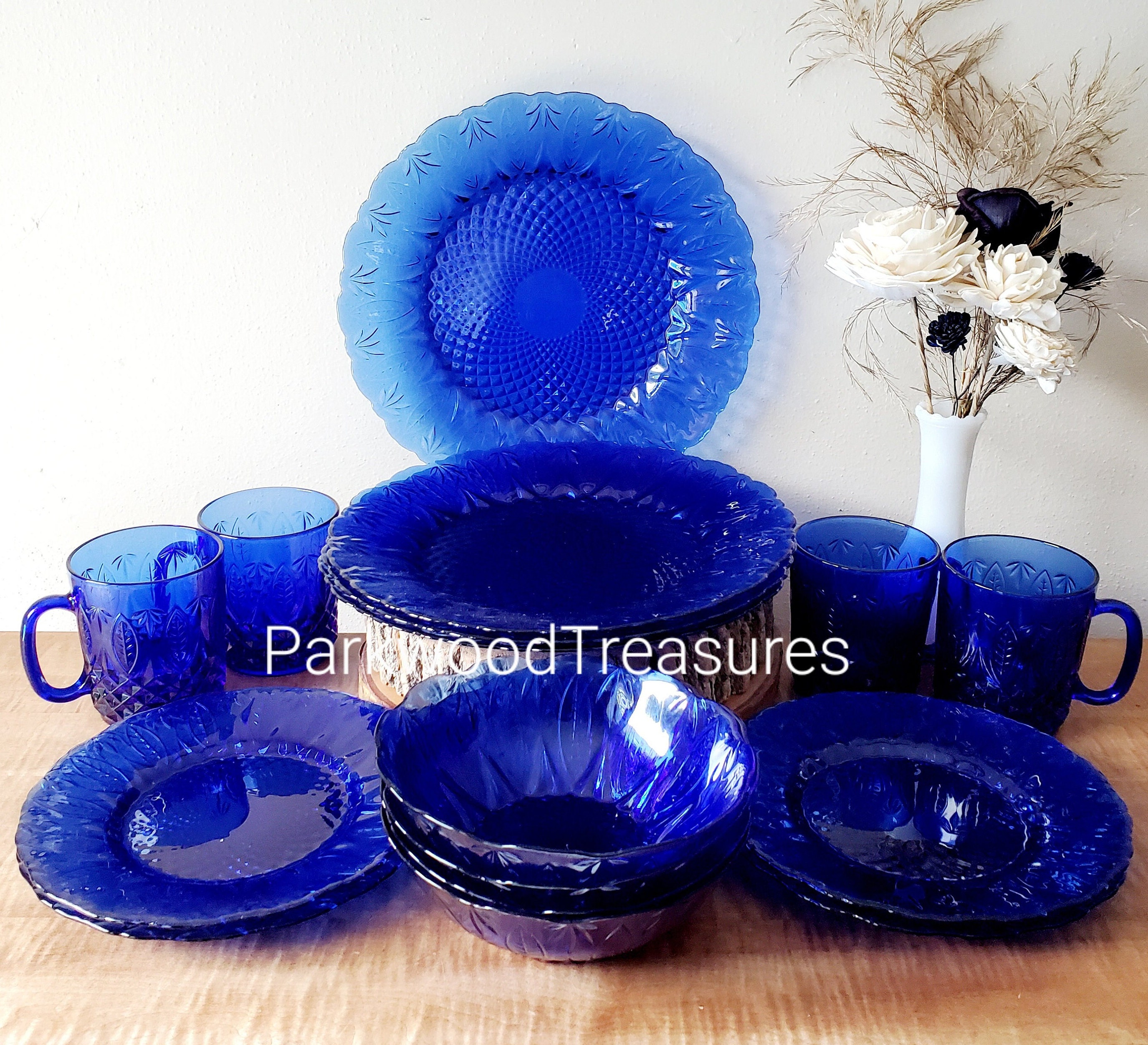 Vintage Avon Royal Sapphire Dinnerware Set: Cobalt Blue Glass, 4