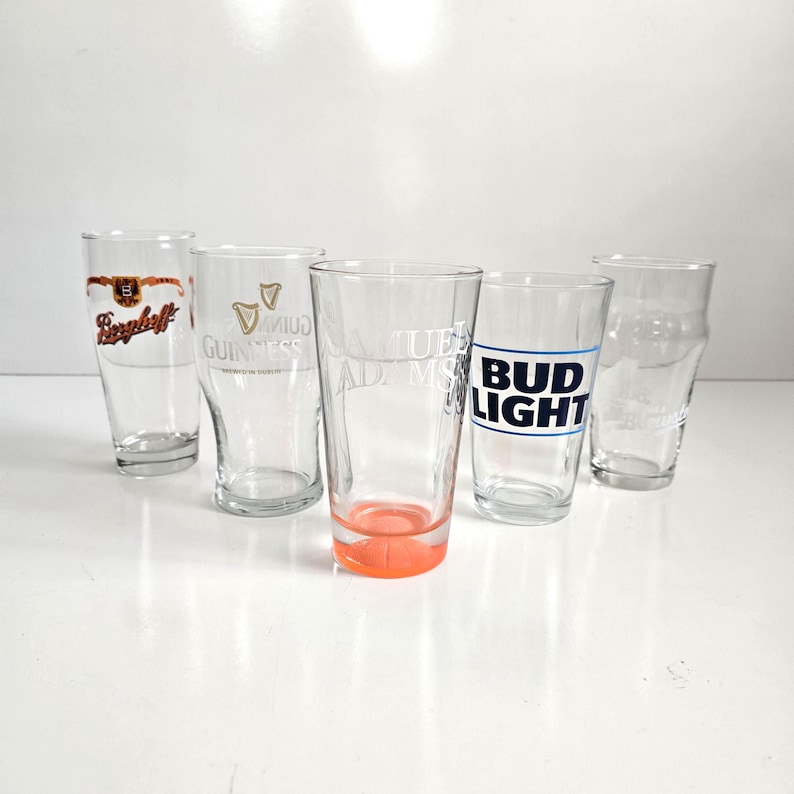 Vintage Mismatched Beer Glasses: Bud Lite, Guinness, Samuel Adams, Berghoff, Brewster image 1