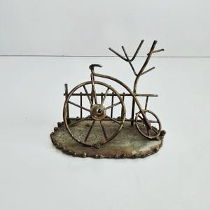 metal bicycle sculpture 70s folk art vintage brass toned bike figurine