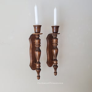 Vintage Wooden Candle Holder Wall Sconces, Tall Sconces with Brass Insert Candle Holders