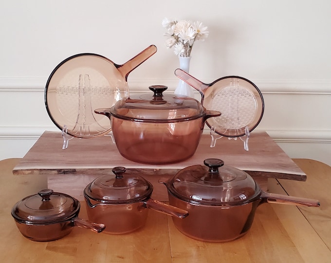 Vintage Vision Cookware Amber Brown Visions Saucepans Skillets Pots Pans Lids Corning Glass
