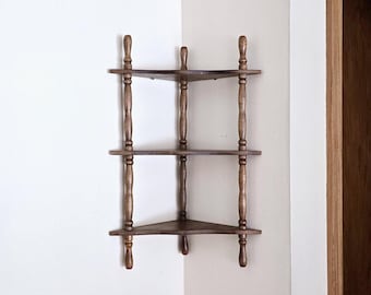 vintage wood spindle corner display shelves 3 tier  size details in description