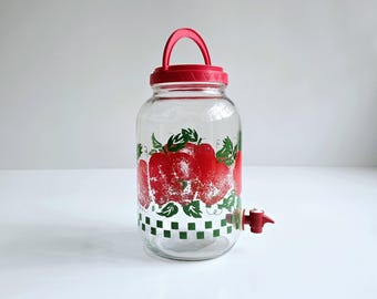 Vintage Glass Gallon Ice Tea Jar 1980s Apple Motif Spigot Jug