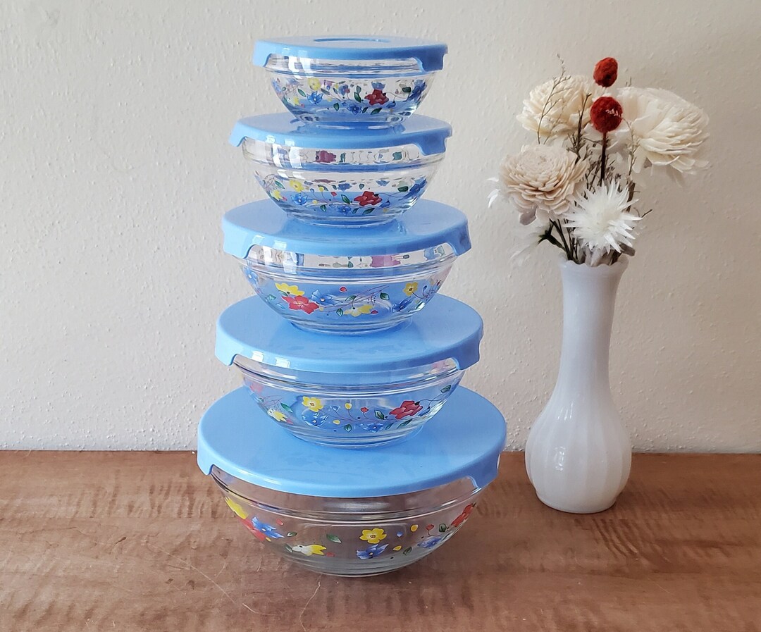 Vintage Glass Prep Bowls, Cereal Bowls With Lids, Nesting Bowls, Set of