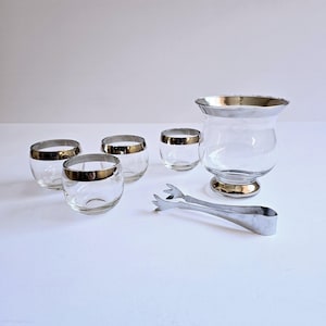 bar glasses and Italian snifter/ice bucket with tongs platinum rim barware