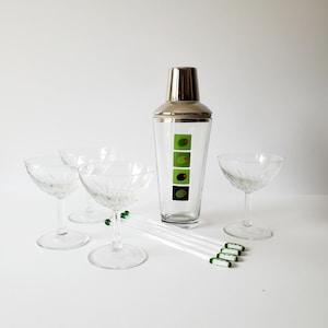 vintage cocktail shaker set with 4 martini glasses