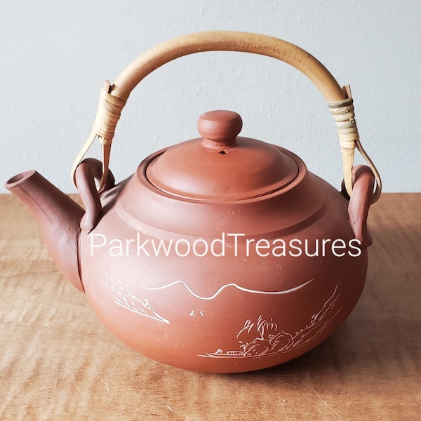 Vintage Clay Teapot, Teapot with Infuser, Clay Tea Pot with Yangtze River Scene