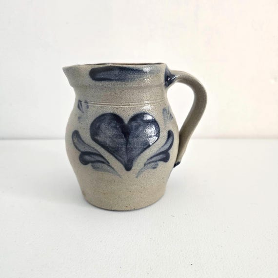 4 1/2" vintage Rowe salt glazed pottery creamer with heart design