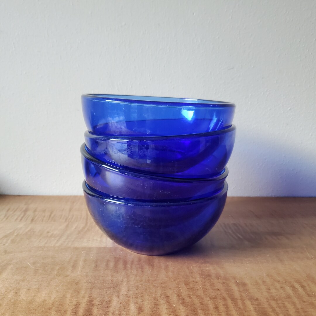 Vintage Cobalt Blue Glass Cereal Bowls Set of 4 Blue Bowls Made in