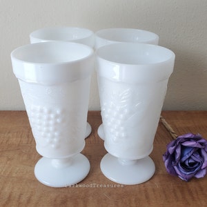 Harvest Grape tumblers 4 vintage Anchor Hocking milk glass footed tumblers