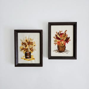 handmade floral crewel pair 80s vintage Fall Flowers crewel