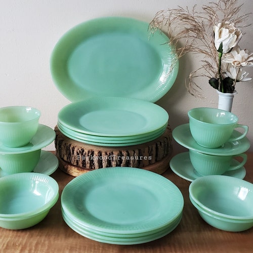 Fire King Jadeite Dinnerware Set Jane Ray Green Dishes for 4 - Etsy