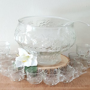Jeannette Fruit Clear 25-piece Punch Bowl Set, 12 Matching Cups & Hooks,  Wedding, Anniversary, Retirement, Holiday Party, Housewarming Gift 