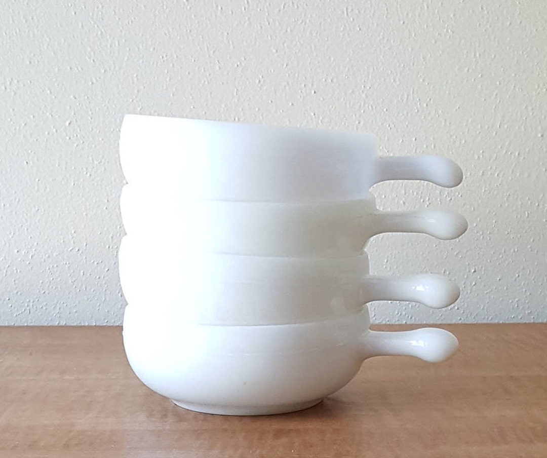Vintage One Handled Milk Glass Cereal Bowls, Glasbake White Glass Cereal Bowls Set of 4 One