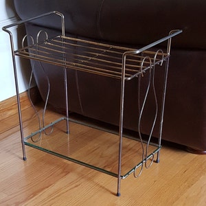 MCM brass and glass vinyl record and stereo stand
