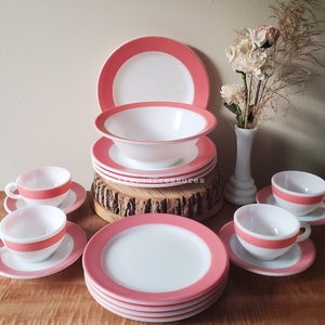 Vintage Pyrex Pink Dinnerware Set Wide Stripe Pink Restaurant Ware Corning Ware 17 Piece Set for 4