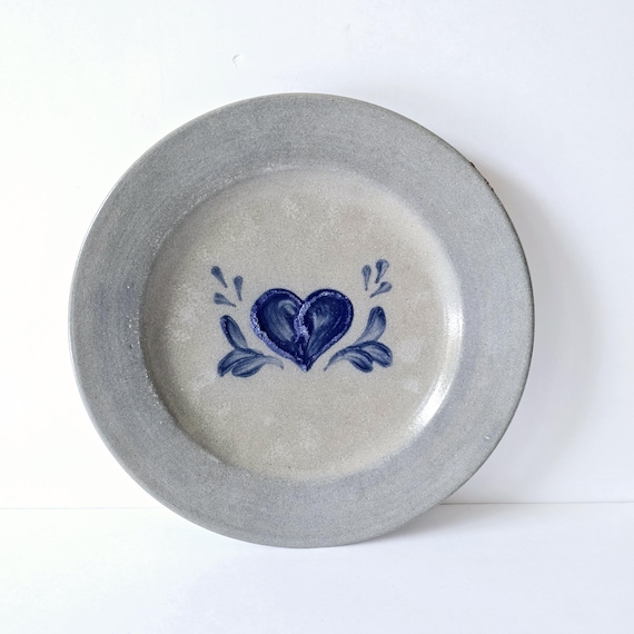 vintage Rowe 8.75" Blue Heart Plate: Salt Glazed Pottery